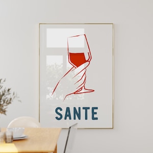 Plakat Sante / Prezent z podziękowaniem dla najlepszego przyjaciela / Wydruk na ścianę do kuchni / Inspirujący cytat o winie / Dekoracja baru