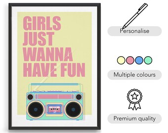 Personalised song lyric print / Y2K gift for music lover / 80s 90s nostalgia / Vintage cassette poster / Bright teen bedroom decor
