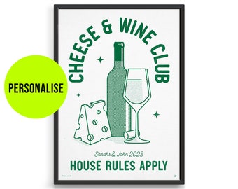 Personalized Cheese & Wine Club Retro Print, Kitchen Art