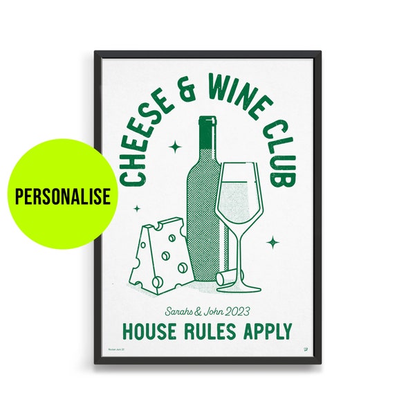 Personalised 'cheese and wine club' poster / Cheese lover art / Retro food print / Funny Kitchen decor / Vintage wine wall art print