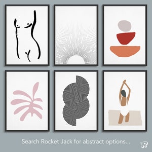 May include: Six abstract art prints in black frames. The prints feature a black line drawing of a female figure, a black and white sunburst, a stack of three abstract shapes in red, orange, and grey, a pink leaf, a black and white spiral design, and a black line drawing of a person in a white swimsuit with their arms raised.