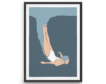 Art Deco Swimmer Print | Retro Diving Art for Beach House