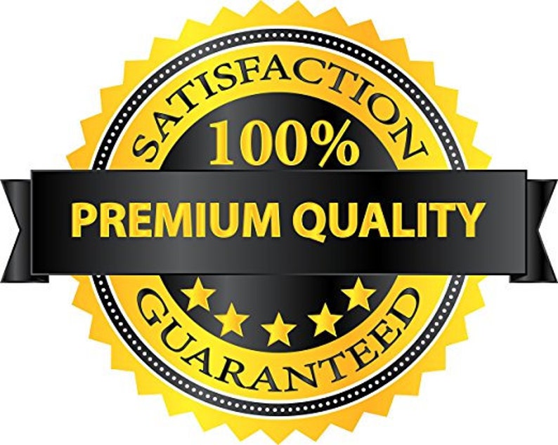 Op de afbeelding: Een goud en zwart zegel met de woorden "TEVREDENHEID 100% GEGARANDEERD" in een cirkelvormig patroon. De woorden "PREMIUM KWALITEIT" staan op een zwarte banner in het midden. Vijf gouden sterren onderaan.