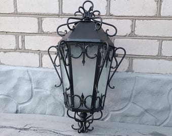 Hand-Forged Wrought Iron Lantern | Vintage Outdoor Wall Light | Rustic Garden Decor | Gothic Style Metal Lamp