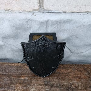 May include: A black, shield-shaped wall sconce with a textured surface and decorative rivets. The sconce is mounted on a wooden surface against a white brick wall. The sconce has a rectangular top with a glass panel.