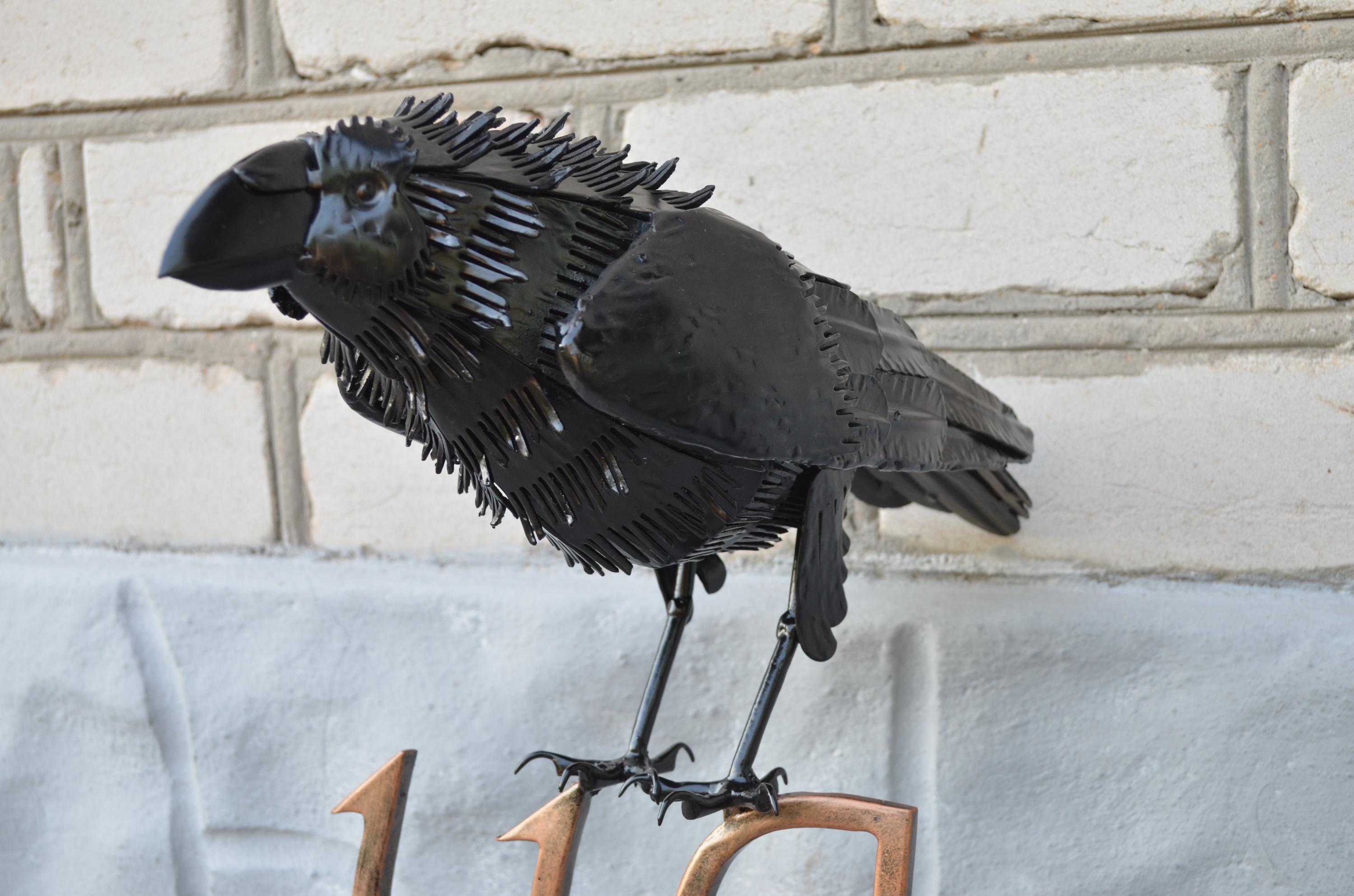 Handcrafted Wrought Iron Crow with House Number - Unique Outdoor Decor