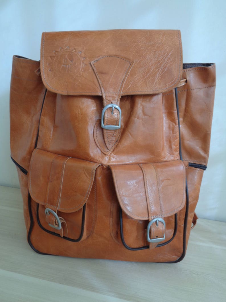 skated thick leather backpack Adventure Bag Brown leather Backpack Camel leather backpack old leather