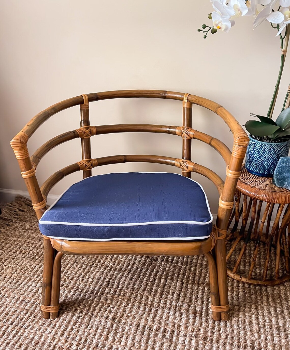 2 Vintage Bamboo rattan Barrel chairs w/cushions coastal Etsy
