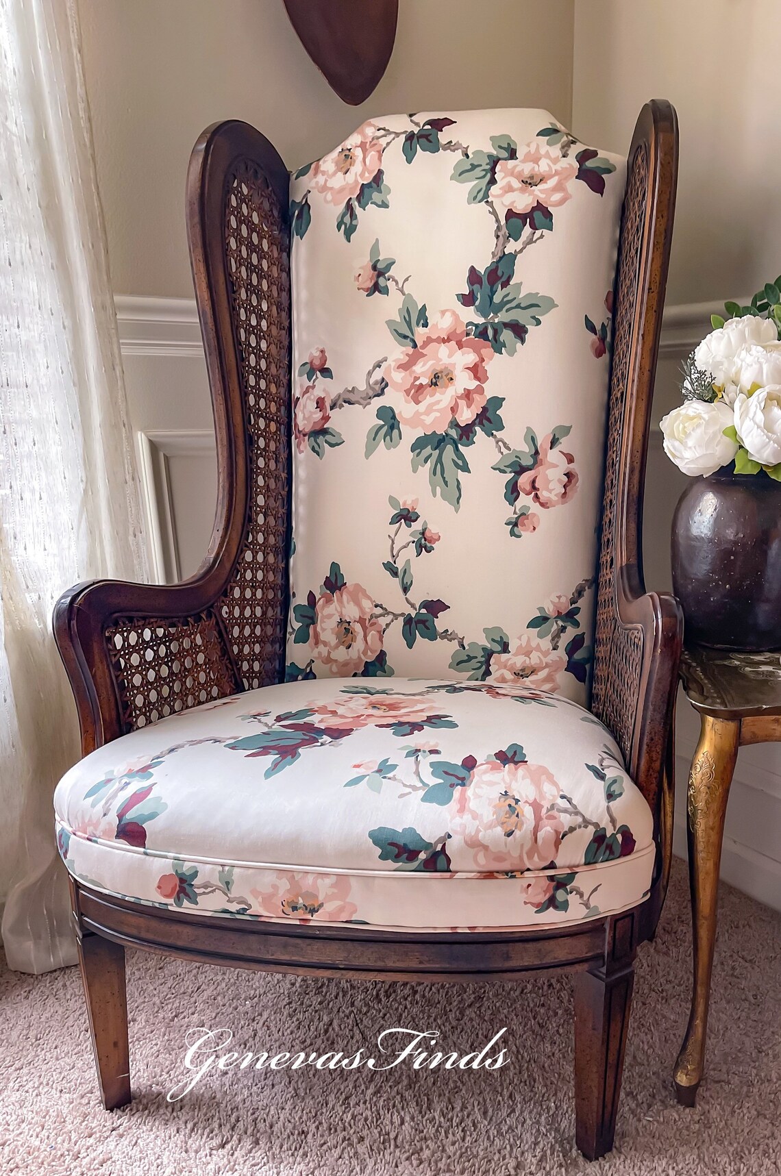 Vintage Cane Wingback Wing Chair in Floral Chintz Mid Century Etsy