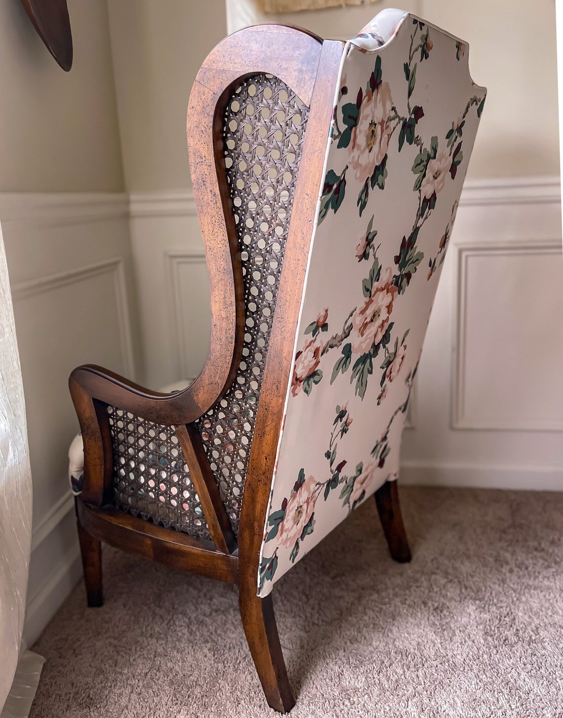 Vintage Cane Wingback Wing Chair in Floral Chintz Mid Century Etsy