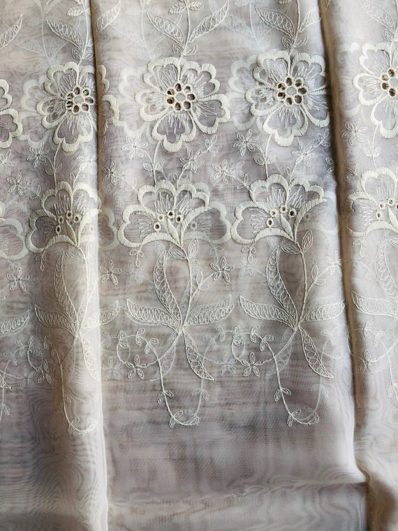 Vintage Set Of Two Ivory Sheer Floral Curtain Panels Etsy