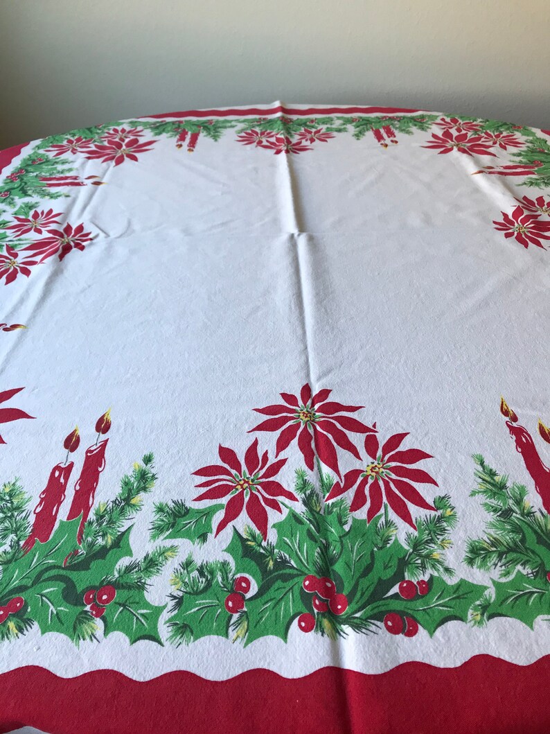 50er Jahre Weihnachten Tisch Tischdecke Rote Kerzen W Grünen Stechpalme Beeren Und Weihnachtsstern Jahrgangs Urlaub Abdeckung
