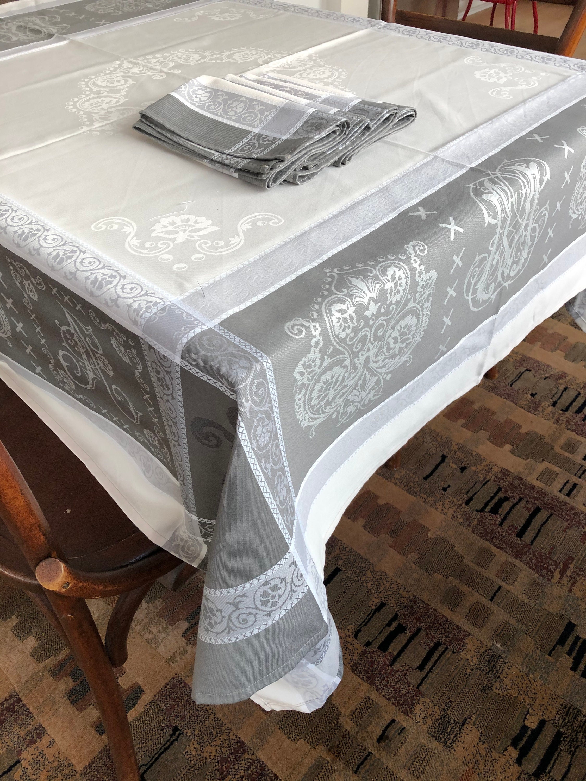 Vintage French Jacquard Tablecloth & Four 4 Napkins By the Etsy