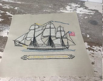 US Frigate Constitution Vintage Cross Stitch, Unframed Cross Stitch, Ready to Frame, Junk Journal Supplies, Craft Supplies, Quilt Piece