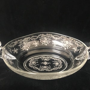 Vintage Fostoria, Romance Pattern, 13&quot; Oval Bowl with Handles, Clear Etched Glass Bowl, Flower & Bow Pattern, Romance by Fostoria