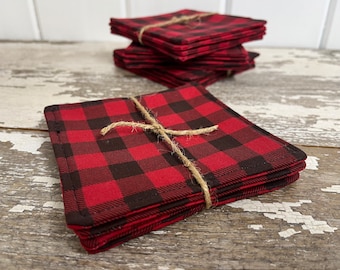 Handmade, Fabric Coasters, Set of 4, Buffalo Plaid Fabric Coaster Set, Washable Coaster Set, Mug Rug Set, Cotton Coasters,