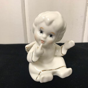 Vintage Angel Figurine, White Porcelain Angel with Gold Accent, Glazed White Porcelain, Angel Figurine Collectable, Made in Japan