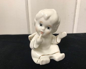 Vintage Angel Figurine, White Porcelain Angel with Gold Accent, Glazed White Porcelain, Angel Figurine Collectable, Made in Japan