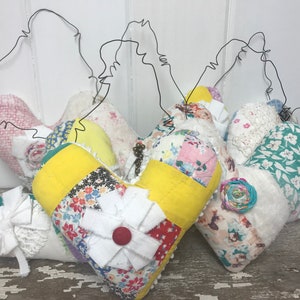 Vintage Quilted Hanging Heart, Curled Wire Hanging Heart Decor, Quilted Heart on Wire, Embelished Quilted Hearts