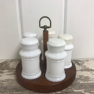 Vintage, Milk Glass Wood Spice Rack with 5 Bottles, 5 Spice Jars in Wood Rack, Apothecary Jars, Specimen Bottles, Milk Glass Containers