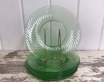 Vintage Anchor Hocking, Spiral Green, Luncheon Plates, Set of 6, Vintage Green Depression Glass