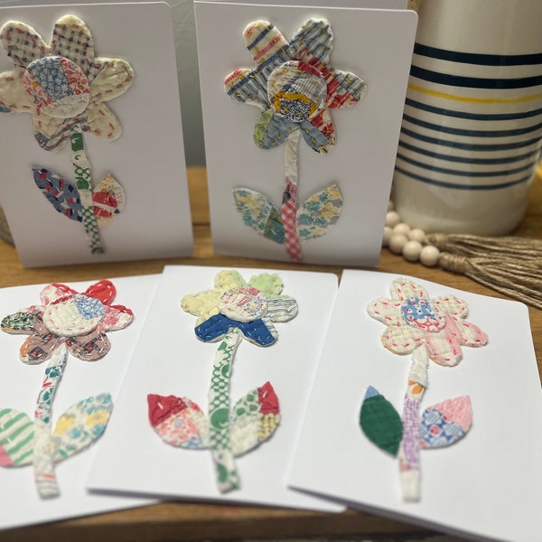 Quilted Note Cards, Quilted Flower Greeting Cards, Vintage Quilt Greeting Cards, Set of 5 with Envelopes, Repurposed Vintage Quilts, Blank
