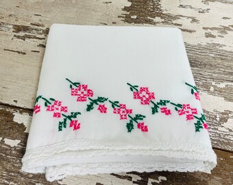 Vintage Floral Cross Stitch Pillowcase: Pink & Green Flowers