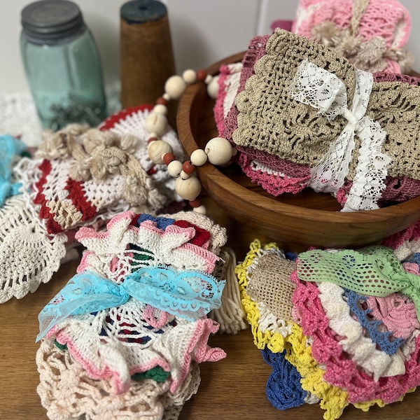 Vintage Doily Lot, Multiple Pieces, Colorful Doily Bundle, Vintage Doily Bundle, Cotton Doilies, Craft Supplies, Junk Journal Supplies