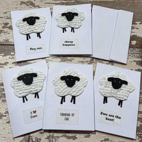 Chenille Sheep Note Cards, Handmade Greeting Cards, Set of 5