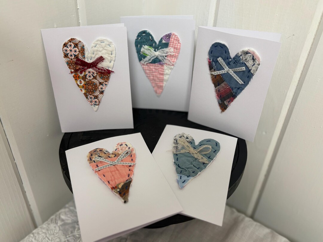 Quilted Heart Note Cards, Vintage Fabric, Set of 5 - Etsy