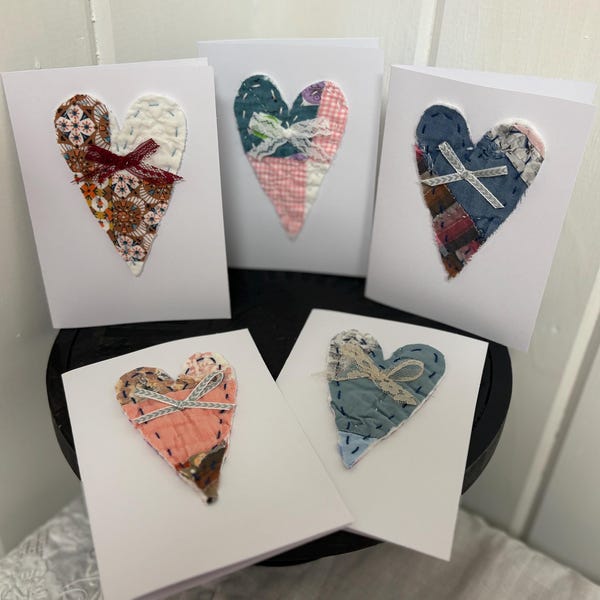 Quilted Heart Note Cards, Vintage Fabric, Set of 5