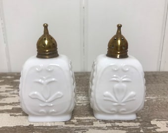 Vintage Napco Milk Glass Salt and Pepper Shakers with Brass Tops
