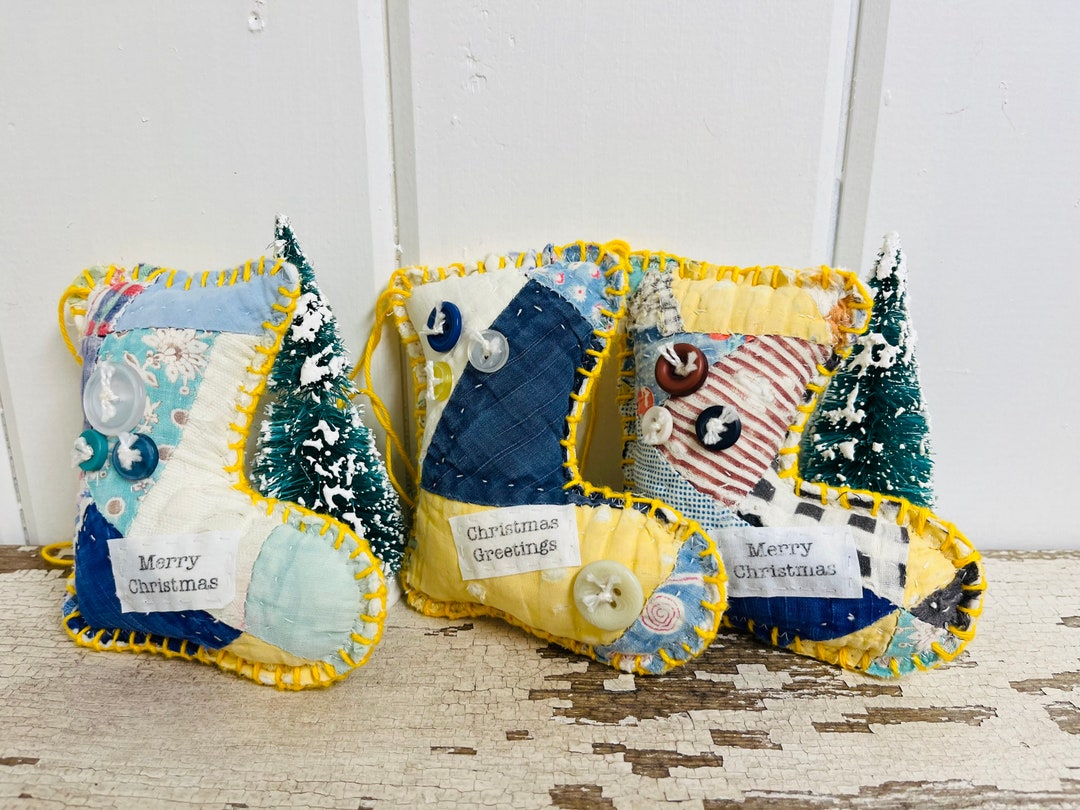Christmas Stocking Ornaments, Set of 3, Vintage Quilt Ornaments, Cutter