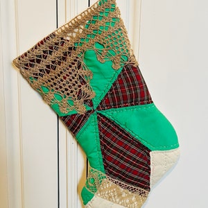 Vintage Christmas Stocking, Quilted Stocking, Quilt and Vintage Lace Christmas Stocking, Cottage, Farmhouse, Christmas