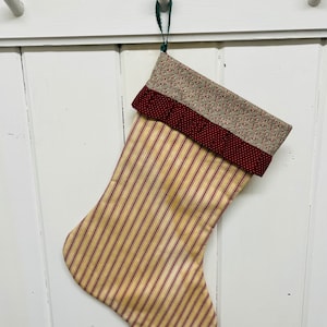 Primitive Christmas Stocking, Tea Stained Red Ticking, Red Striped Ticking, Eyelet Lace, Vintage Christmas, Christmas Decor, Handmade