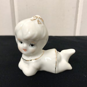 Vintage Girl Figurine, White Porcelain Girl with Gold Accent, Glazed White Porcelain, Girl Figurine Collectable, Made in Japan, Playful Girl