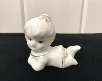 Vintage Girl Figurine, White Porcelain Girl with Gold Accent, Glazed White Porcelain, Girl Figurine Collectable, Made in Japan, Playful Girl