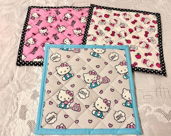 Handmade Quilted Pot Holder: 9" x 9" Hot Pad, Kitchen Decor, Hello Kitty Pot Holder/Trivet