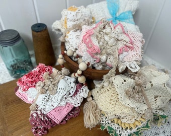 Vintage Doily Lot, Multiple Pieces, Colorful Doily Bundle, Vintage Doily Bundle, Cotton Doilies, Craft Supplies, Junk Journal Supplies