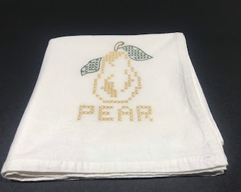 Vintage Cross Stitched Pear Tea Towel: 1980s Kitchen Decor