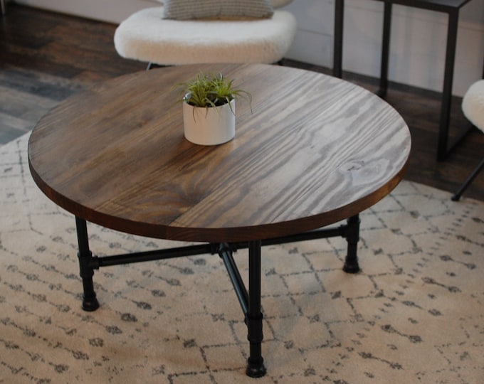 Round Industrial Coffee Table Industrial Pipe Wood Coffee Etsy