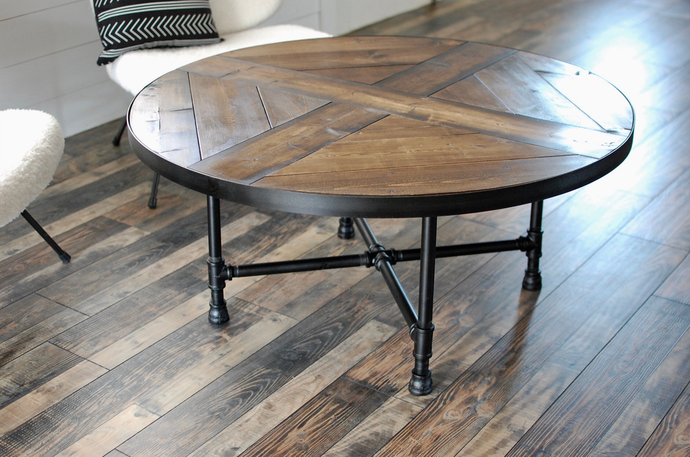 Round Wood Coffee Table With Industrial Pipe Legs Canada Industrial Pipe Legs Wood Coffee, Round Dark Wooden Coffee Table
