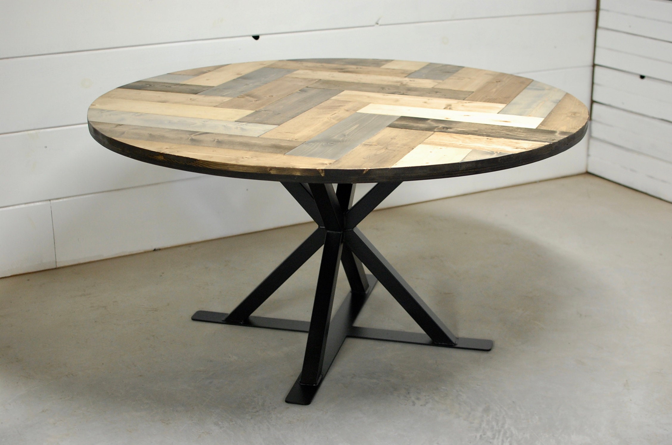 Industrial Round Wood Dining Table Herringbone Industrial Round Wood Dining Table, Rustic Wooden Round Dining Table
