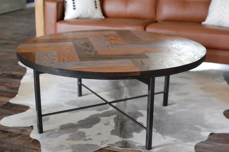Herringbone Coffee Table Oak Wood Modern Round
