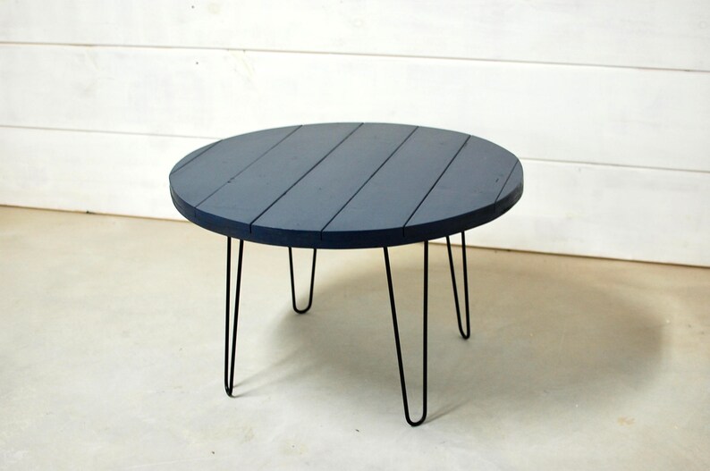 Round Wood Coffee Table With Mid Century Modern Hairpin Legs Image 0