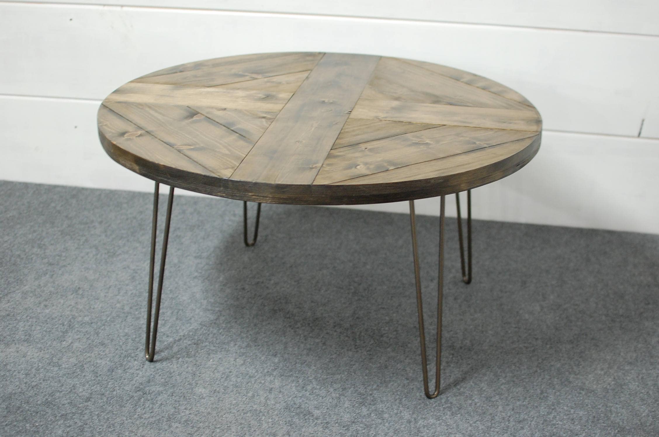 Round Wood Coffee Table With Mid Century Modern Hairpin Legs Etsy