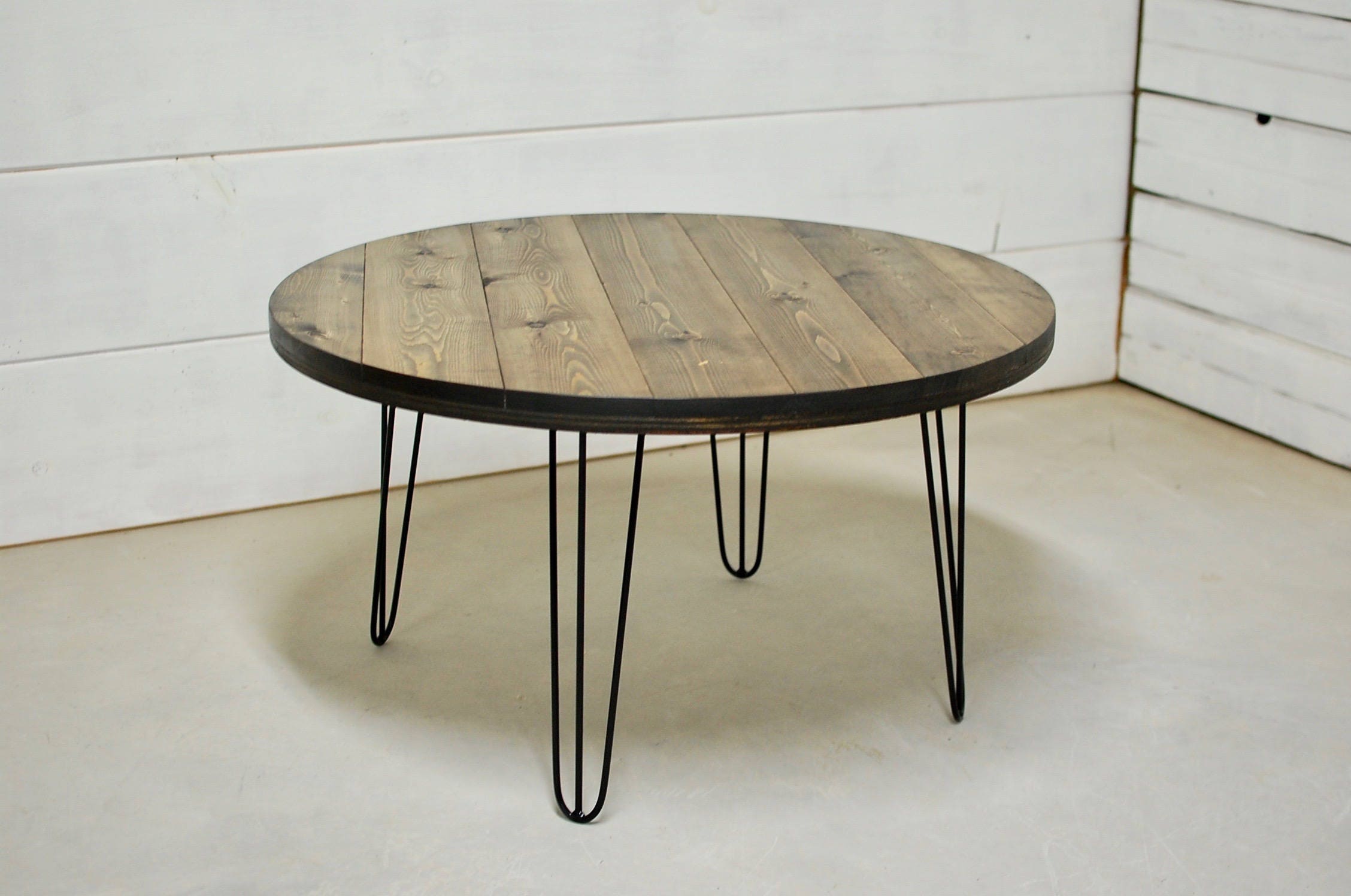 Mid Century Modern Round Wood Coffee Table Hairpin Legs Wood Etsy
