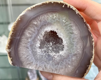 Natural Agate Geode Slice | Sparkling Druzy Crystal Specimen, 7.5cm x 8.5cm