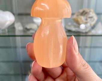 Peach Selenite Mushroom Carving | Gentle Cleansing Crystal Decor