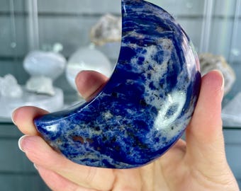 Sodalite Self Standing Moon | Blue Crystal Crescent, Intuition Clarity Stone, Celestial Decor 1